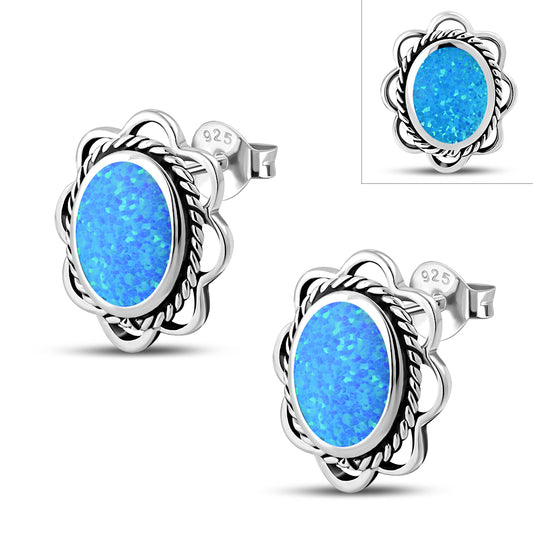 Synthetic Blue Opal Oval Stud Silver Earrings