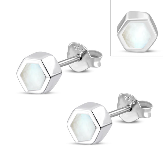 Tiny Mother of Pearl Hexagon Silver Stud Earrings