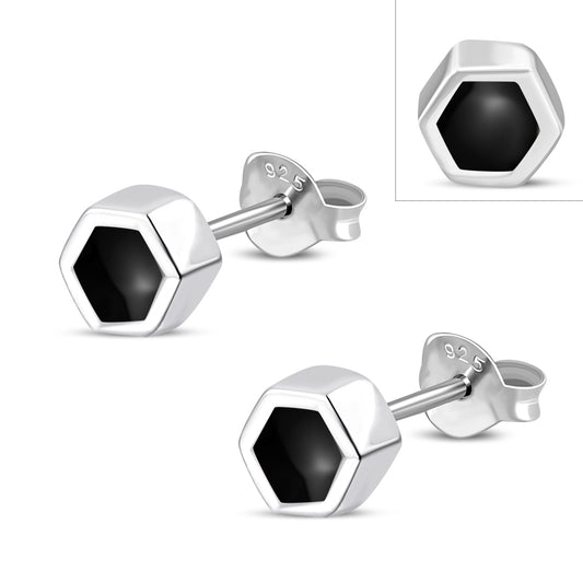 Tiny Black Onyx Hexagon Silver Stud Earrings