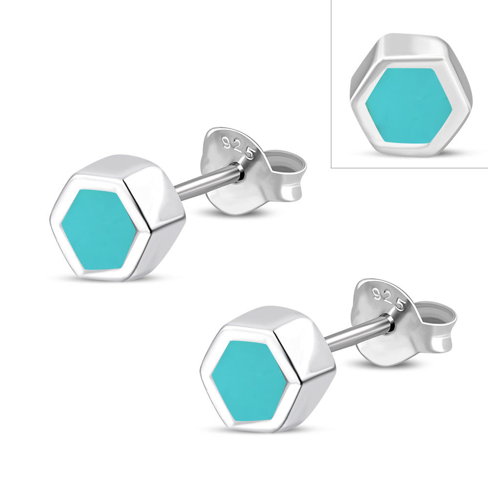 Tiny Turquoise Hexagon Silver Stud Earrings