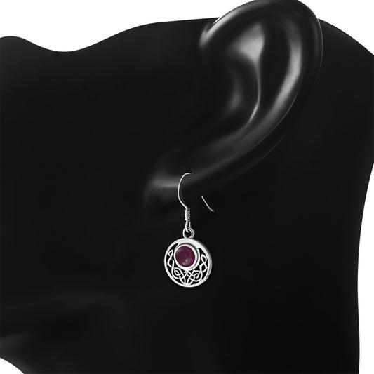 Garnet Round Celtic Knot Silver Earrings