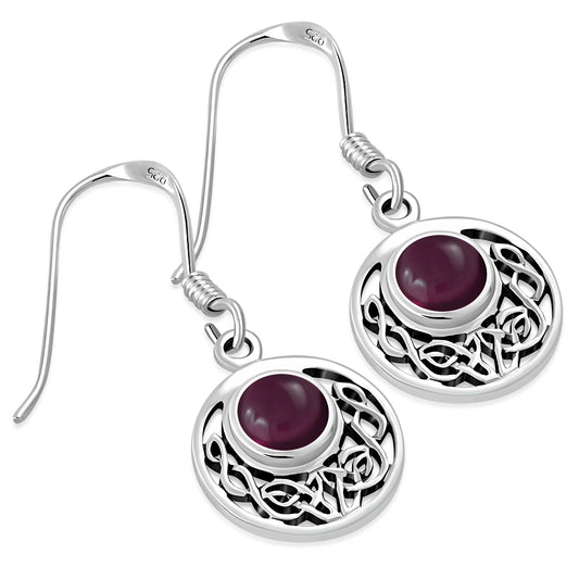 Garnet Round Celtic Knot Silver Earrings