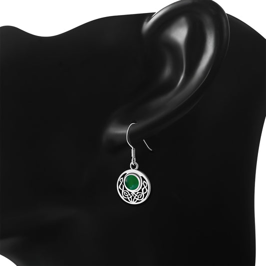 Green Agate Round Celtic Knot Silver Earrings
