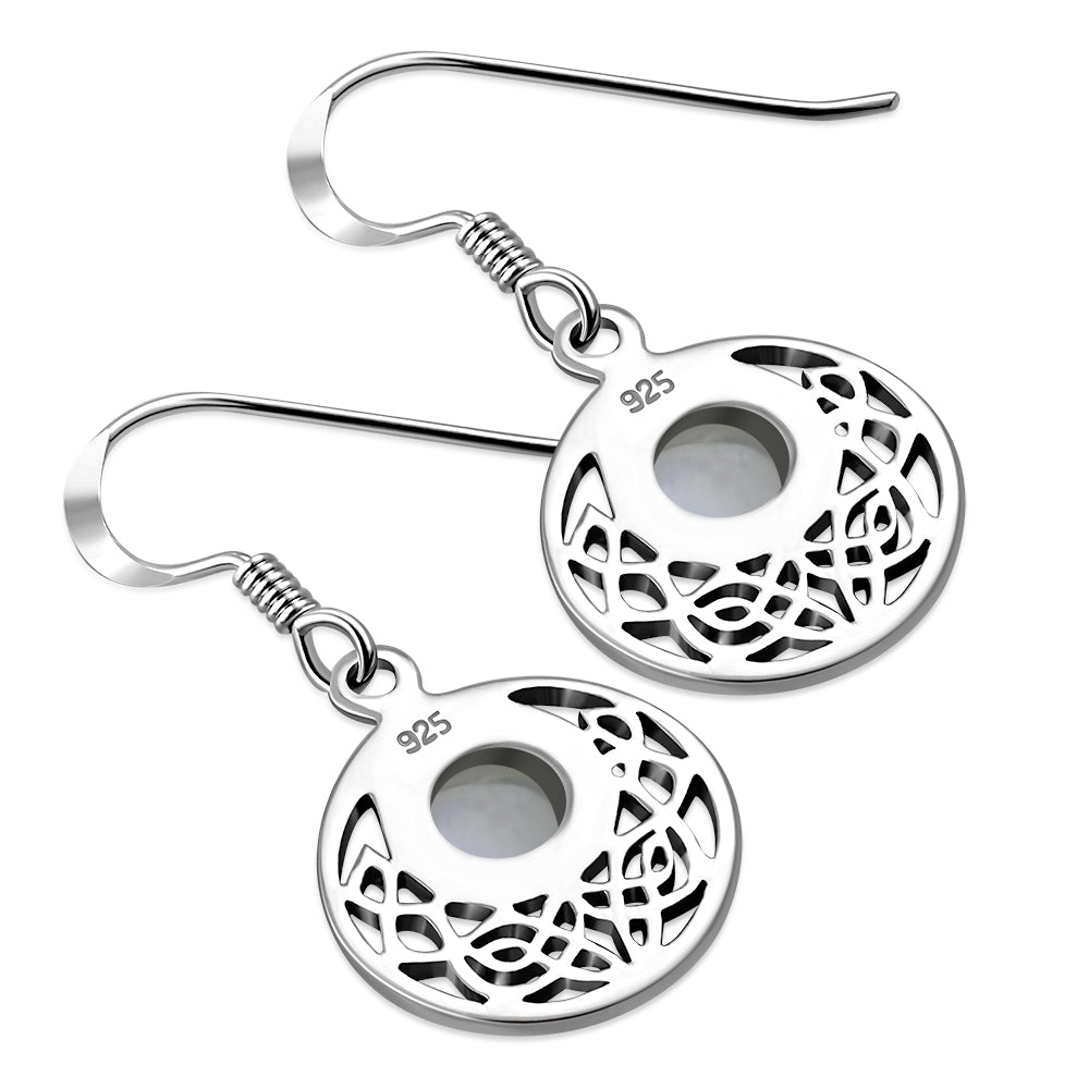 Rainbow Moonstone Round Celtic Knot Silver Earrings