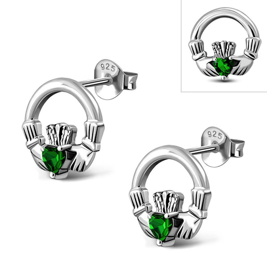 Green CZ Claddagh Stud Silver Earrings