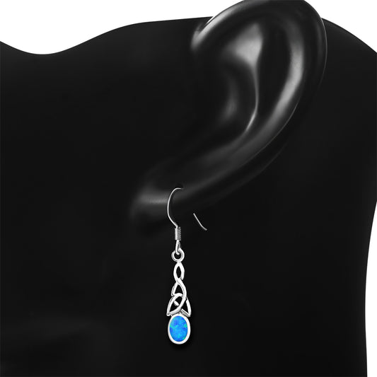 Synthetic Blue Opal Celtic Trinity Silver Earrings