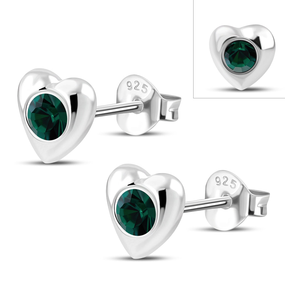 Green Cubic Zirconia Heart Silver Stud Earrings
