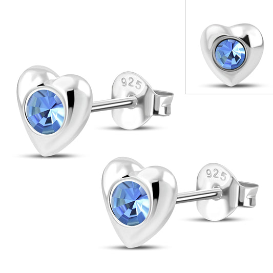 Sapphire CZ Heart Silver Stud Earrings