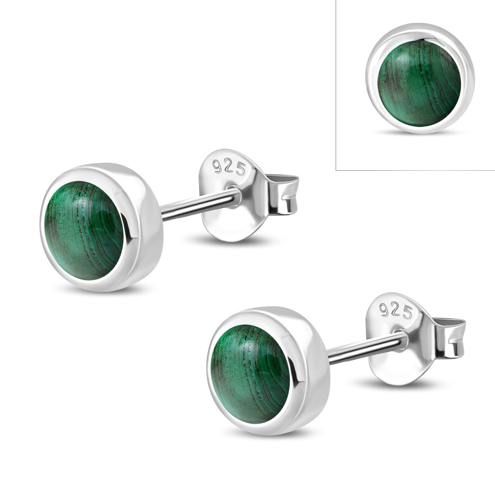 5.30mm | Green Malachite Stone Round Sterling Silver Stud Earrings
