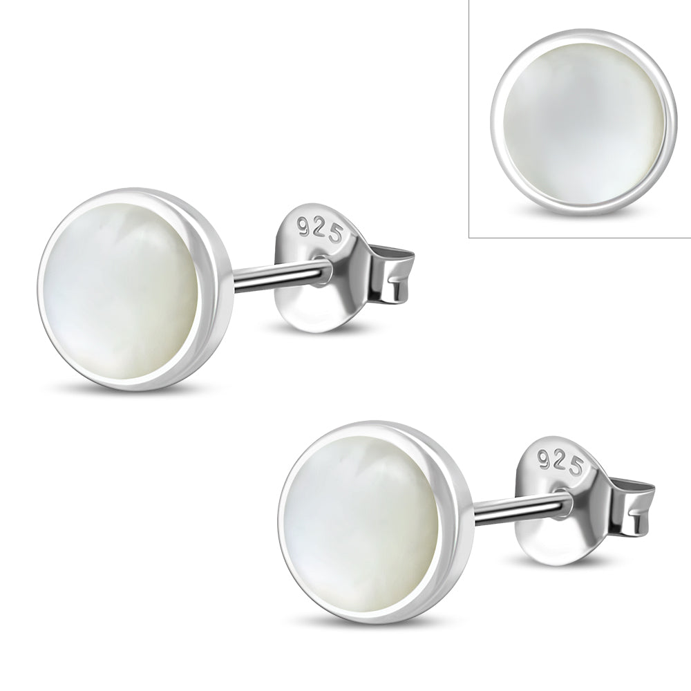 Mother of Pearl Simple Round Silver Stud Earrings