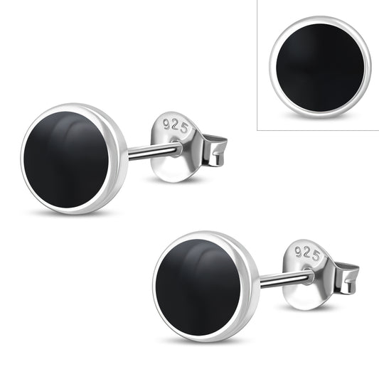 Black Onyx Simple Round Silver Stud Earrings