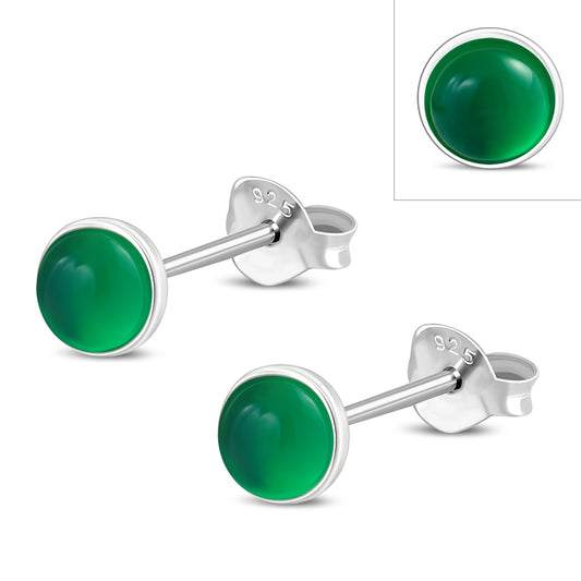 4.80mm | Green Agate Round Sterling Silver Stud Earrings