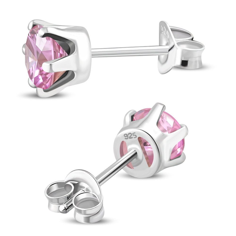 5mm Round Prong-Set Rose Pink CZ Sterling Silver Stud Earrings 