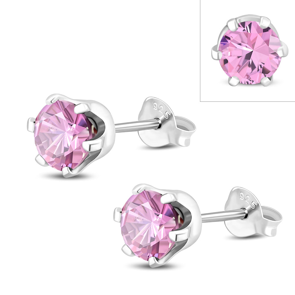 5mm Round Prong-Set Rose Pink CZ Sterling Silver Stud Earrings 