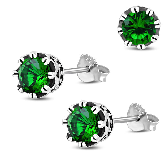 Vintage Royal Crown Ethnic Emerald Green CZ Sterling Silver Stud Earrings