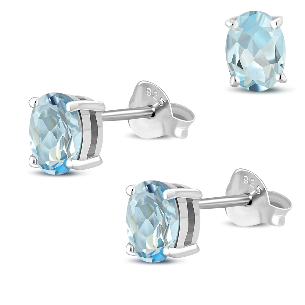 5x7mm Oval Prong-Set Blue Topaz Stone Sterling Silver Stud Earrings