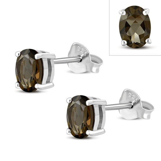 5x7mm Oval Prong-Set Smoky Quartz Stone Sterling Silver Stud Earrings