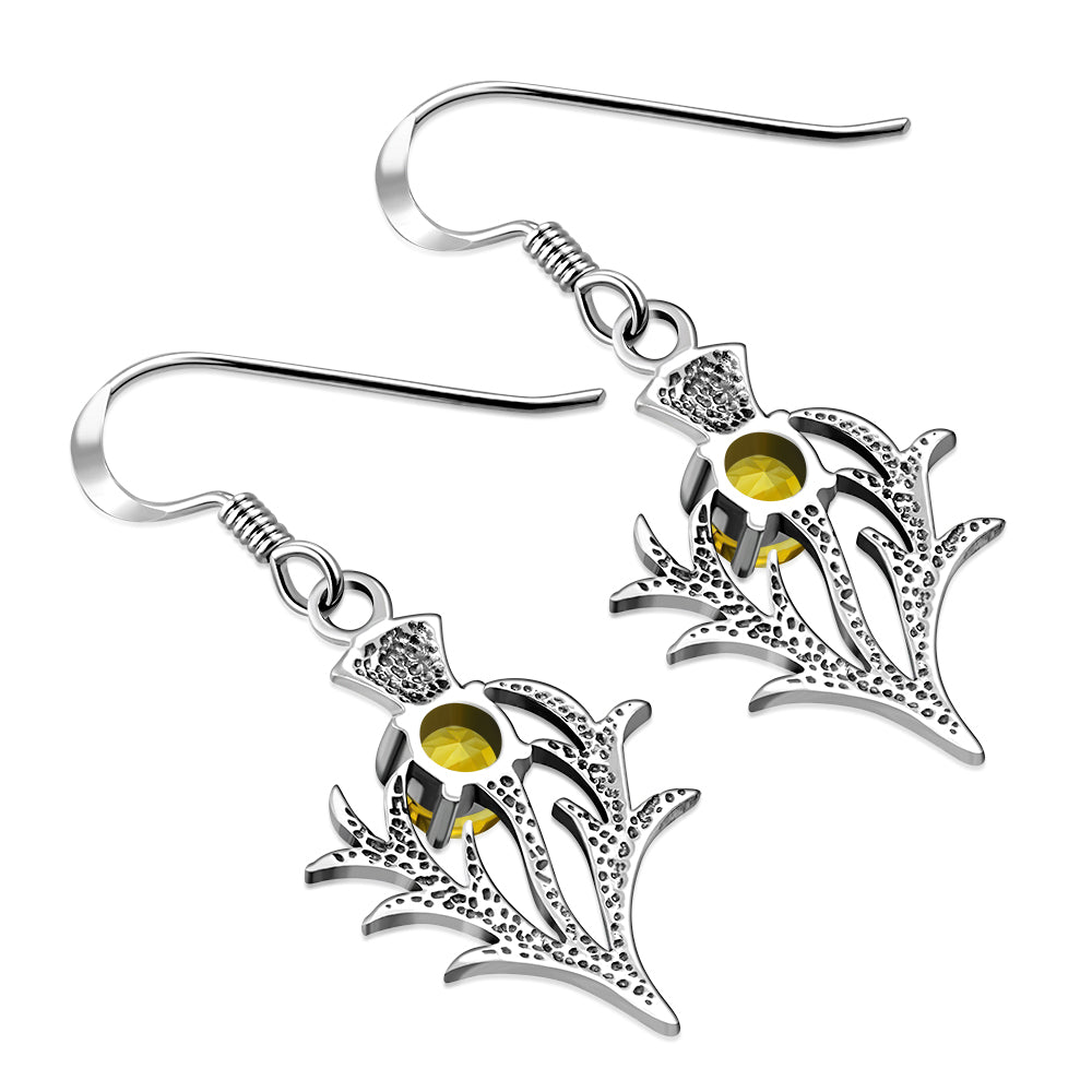 Citrine Scottish Thistle Sterling Silver Dangle Drop Hook Earrings