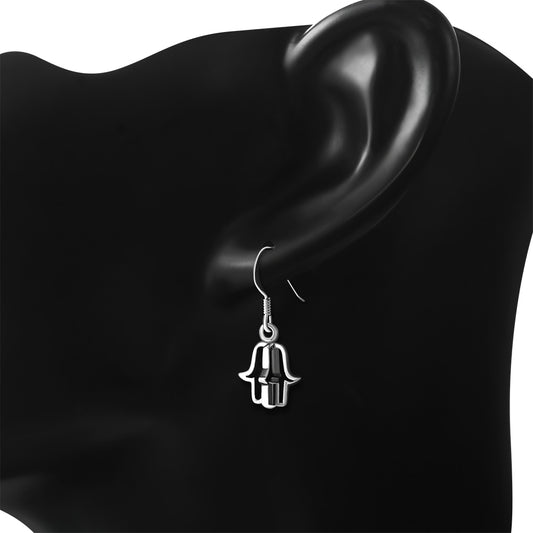 3D Hand Of Fatima Hamsa Sterling Silver Dangle Drop Hook Earrings