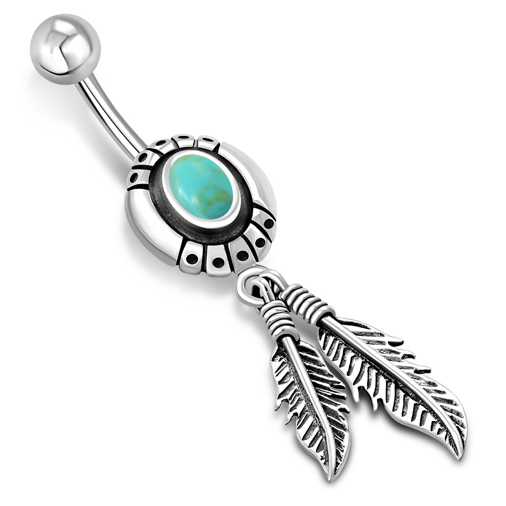Native American Belly Navel Ring w Turquoise 316L & Silver 