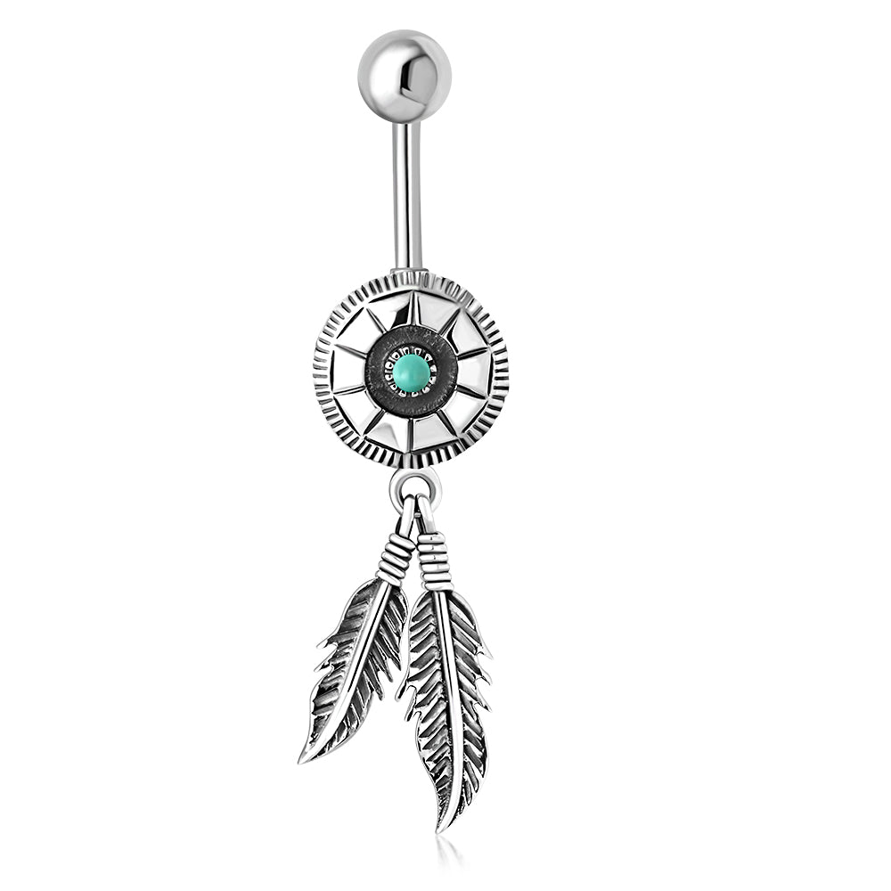 Ethnic Belly Navel Ring w/ Turquoise 316L & Silver
