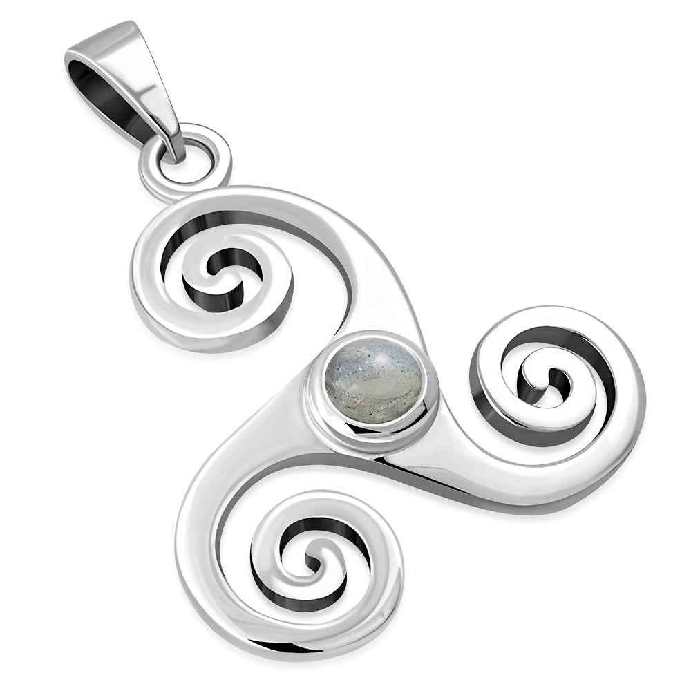 Labradorite Triskele Triskelion Triple Archimedean Spiral Celtic Silver Pendant 