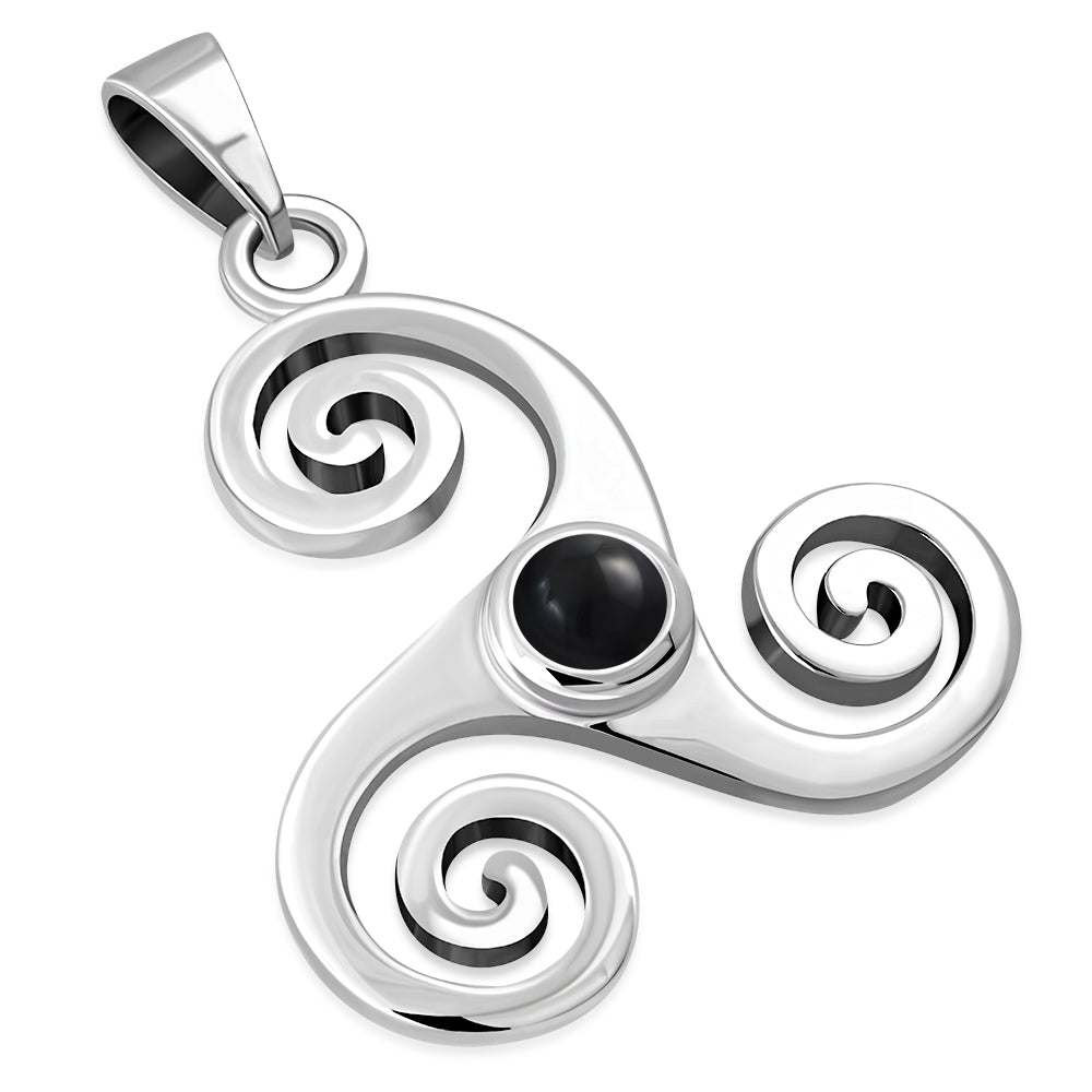 Black Onyx Triskele Triskelion Triple Archimedean Spiral Celtic Silver Pendant 
