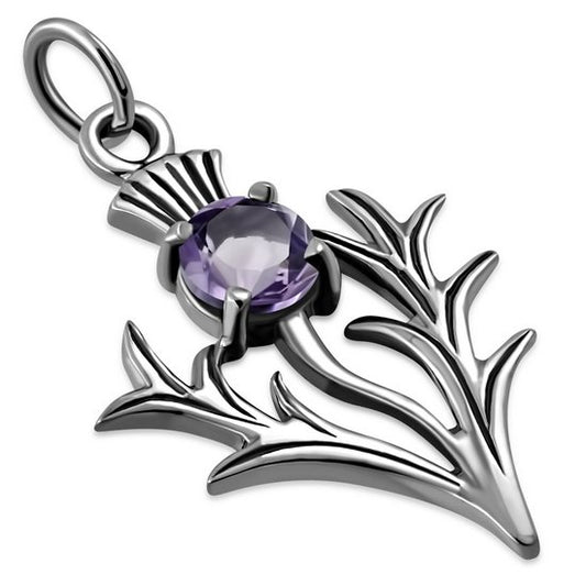 Tiny Silver Scottish Thistle Pendant set w/ Faceted Amethyst Stone