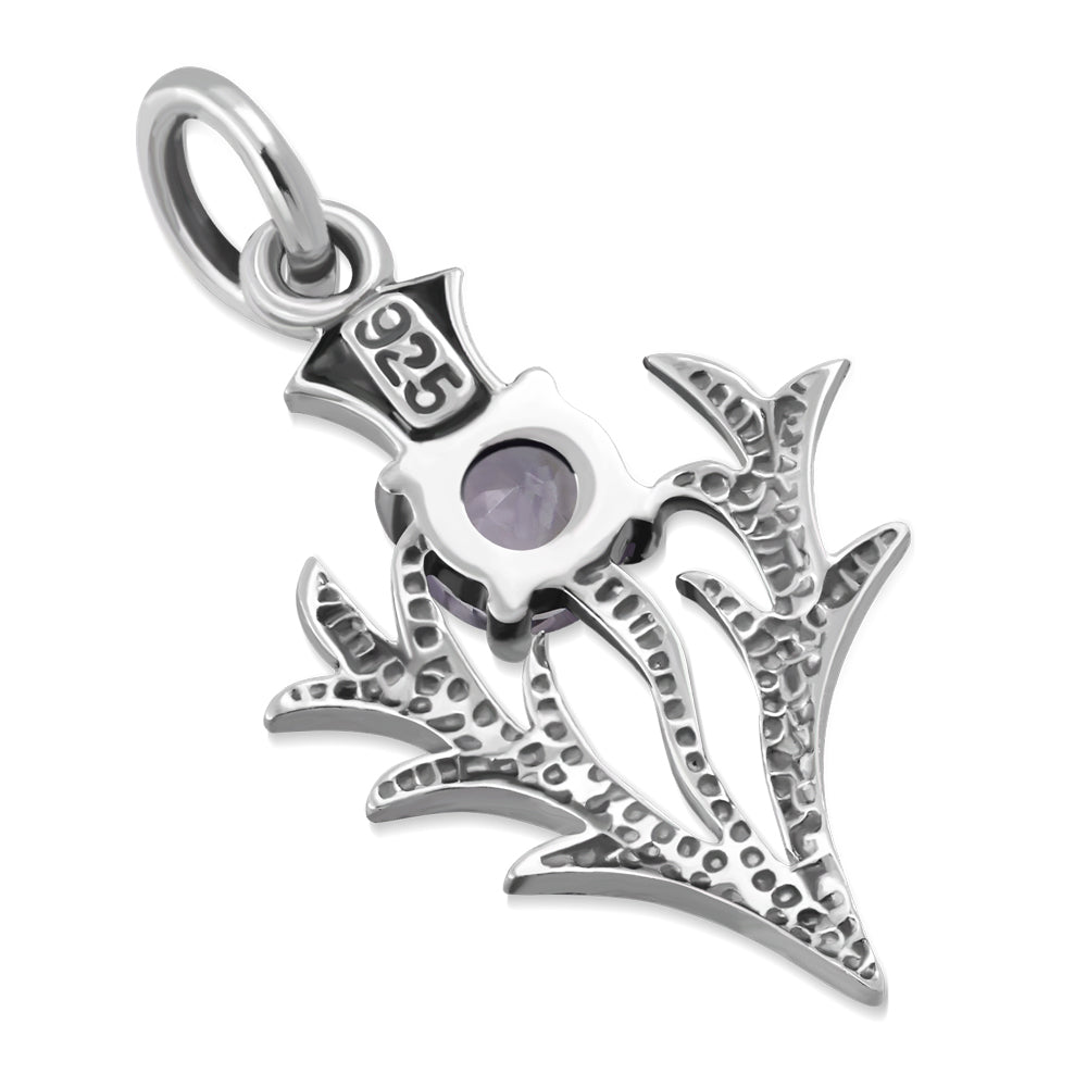 Tiny Silver Scottish Thistle Pendant set w/ Faceted Amethyst Stone