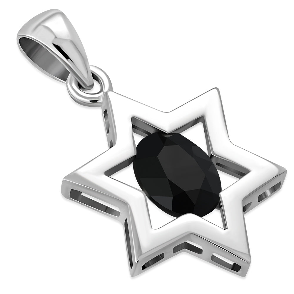 Faceted Black Onyx Star of David Silver Pendant
