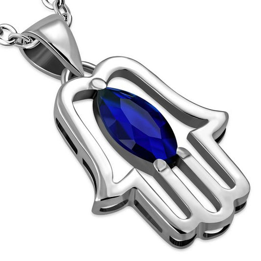 Chamsa Silver Pendant set w/ Blue Sapphire CZ