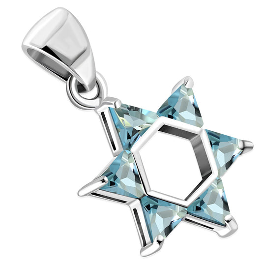 Tiny Star of David Silver Pendant set w/ Topaz Blue CZ