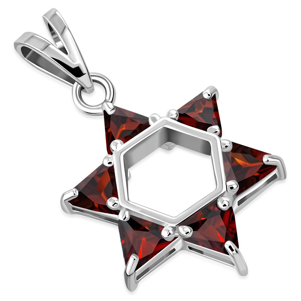 Large Star David Silver Pendant Garnet CZ