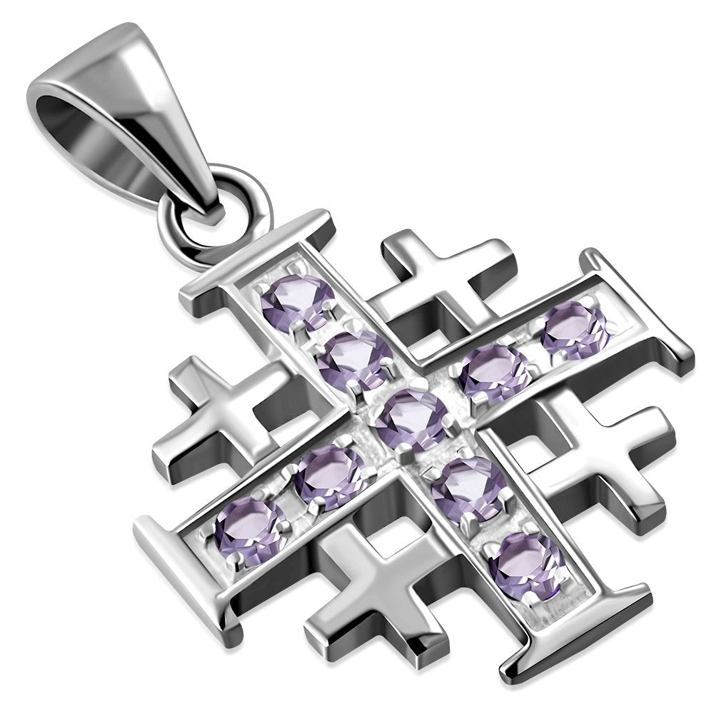 Jerusalem Cross Silver Pendant set w/ Amethyst Stone 