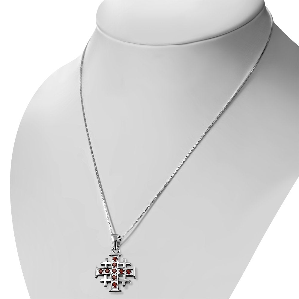 Small Garnet CZ Jerusalem Cross Silver Pendant