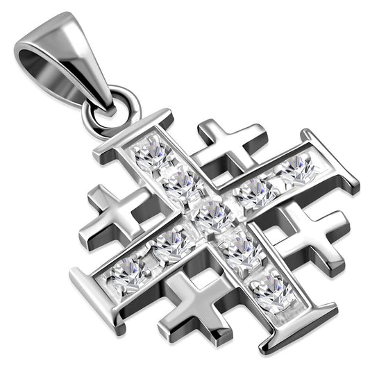 Small Clear CZ Jerusalem Cross Silver Pendant