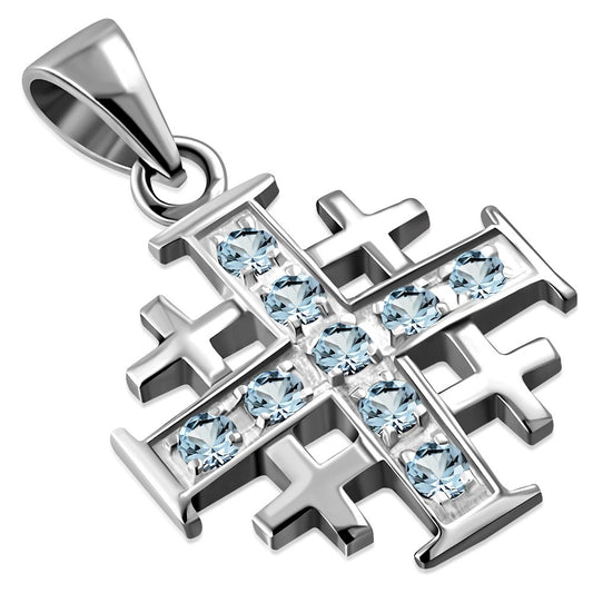 Blue Topaz CZ Jerusalem Cross Silver Pendant