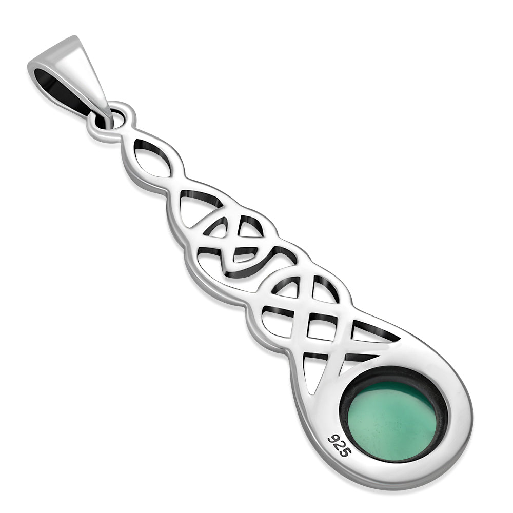 Long Celtic Silver Pendant set w/ Green Agate