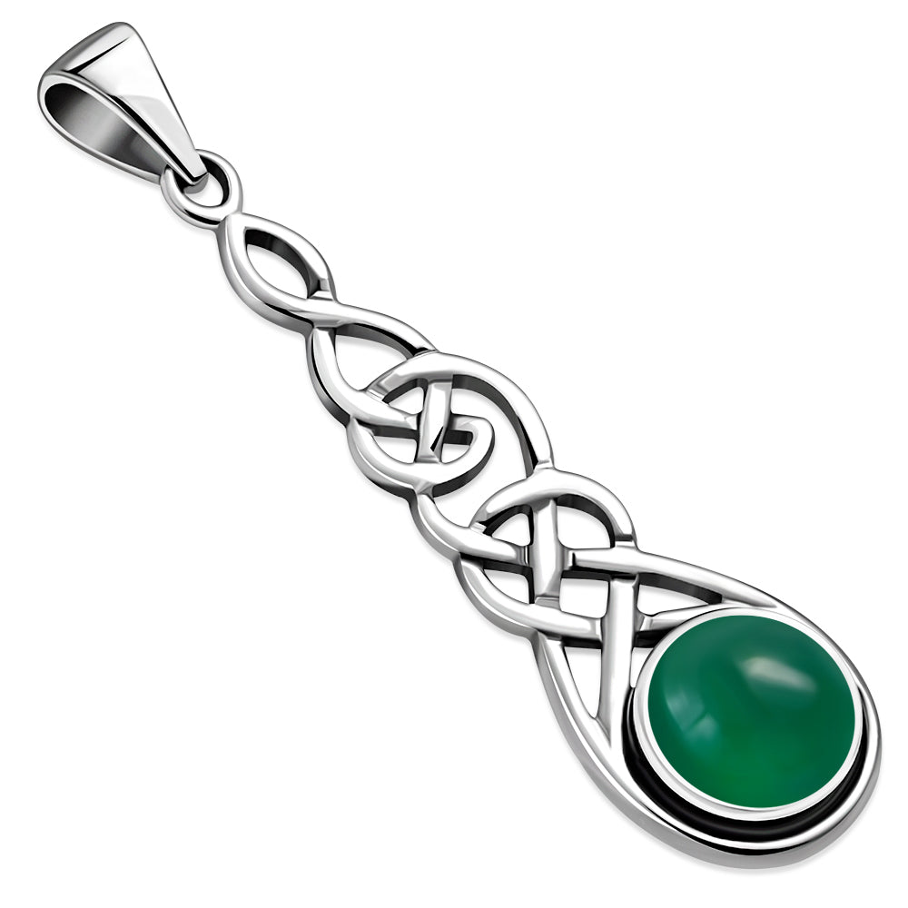 Long Celtic Silver Pendant set w/ Green Agate