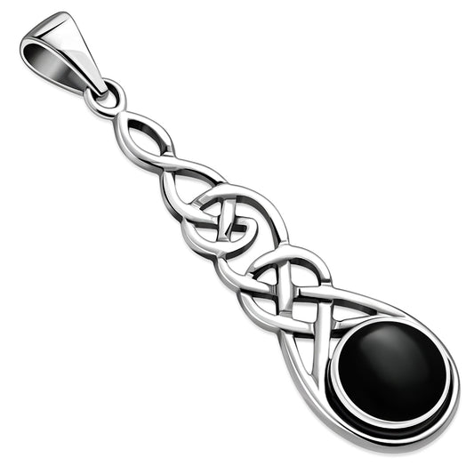 Long Celtic Silver Pendant set w/ Black Onyx