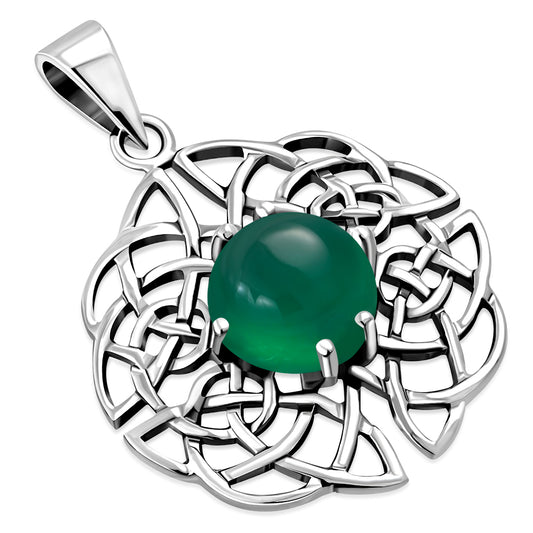 Green Agate Celtic Knot Silver Pendant 
