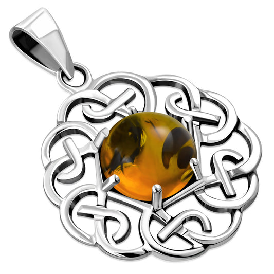 Baltic Amber Round Celtic Knot Silver Pendant