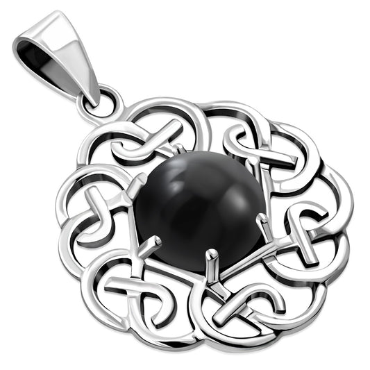 Black Onyx Round Celtic Knot Silver Pendant