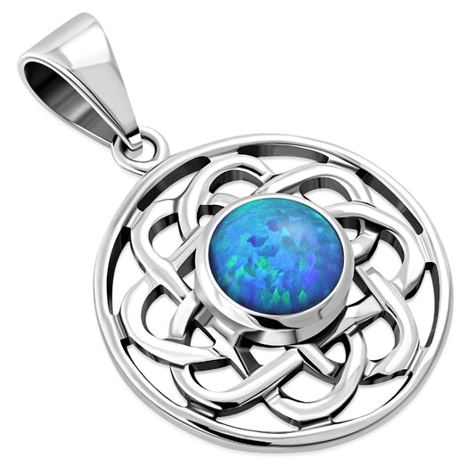 Synthetic Blue Opal Round Celtic Knot Silver Pendant
