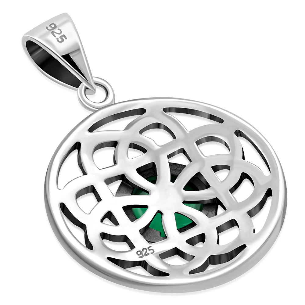 Green Agate Round Celtic Knot Silver Pendant