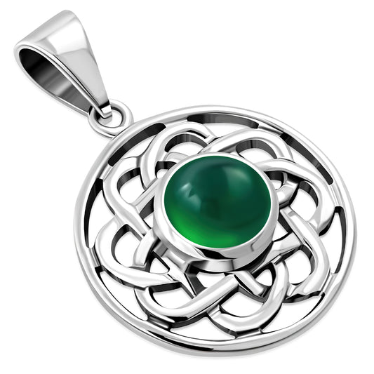 Green Agate Round Celtic Knot Silver Pendant 