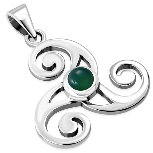 Green Agate Celtic Triskele Triple Spiral Silver Pendant 