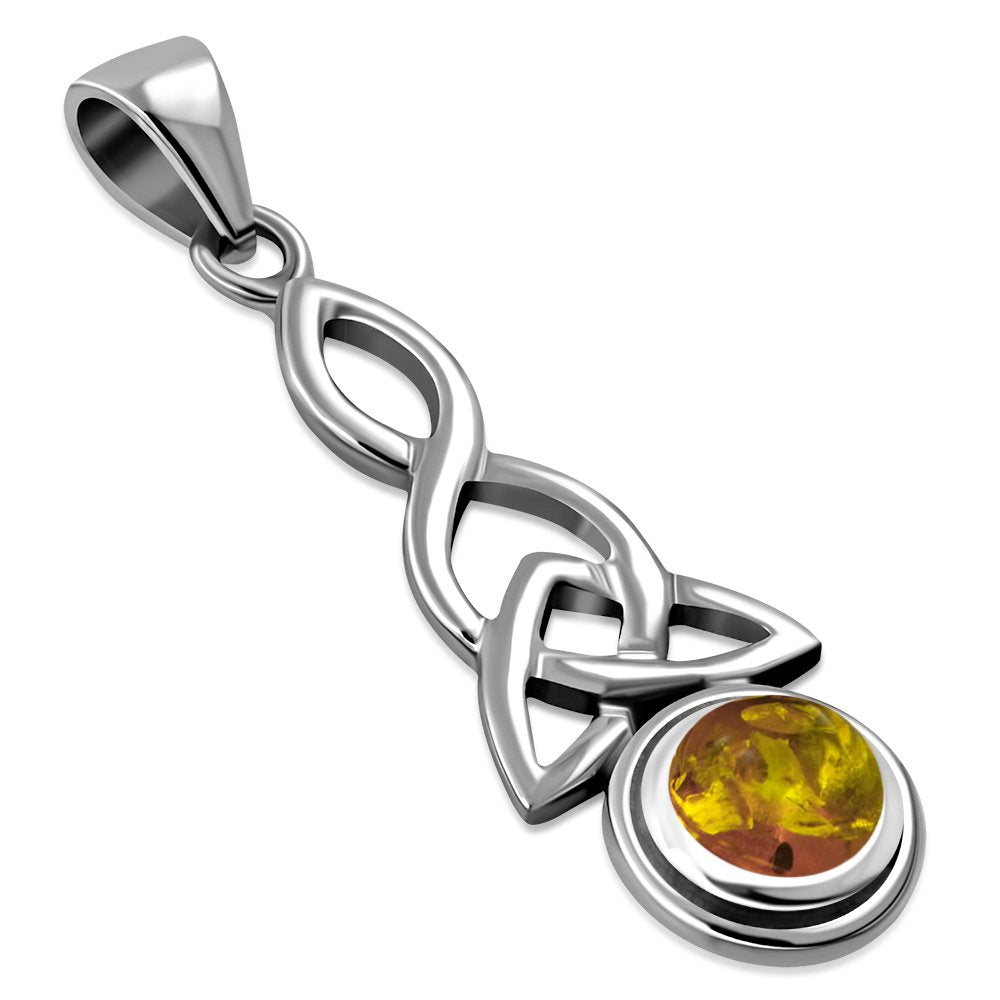 Long Baltic Amber Celtic Trinity Knot Silver Pendant
