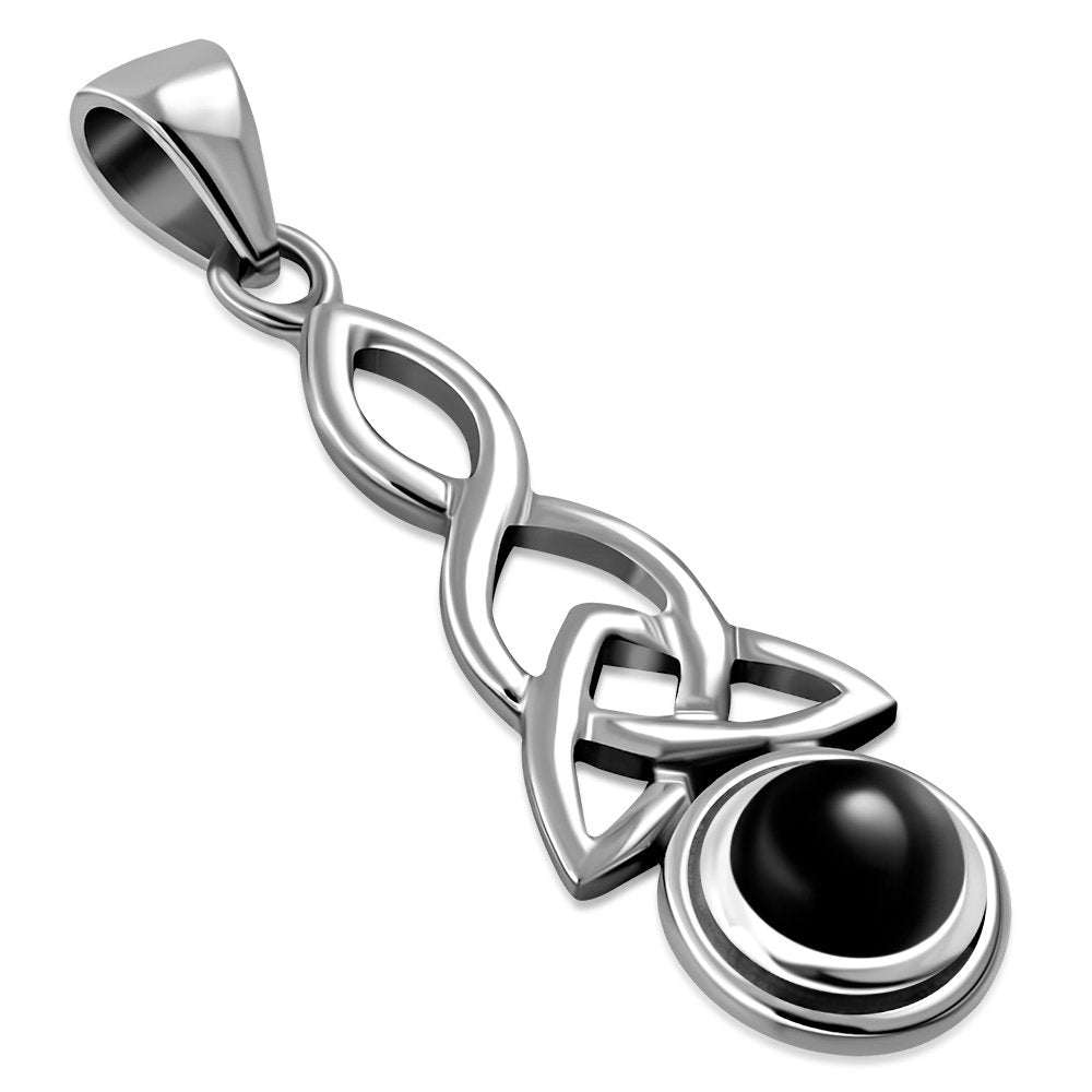 Long Black Onyx Celtic Trinity Knot Silver Pendant