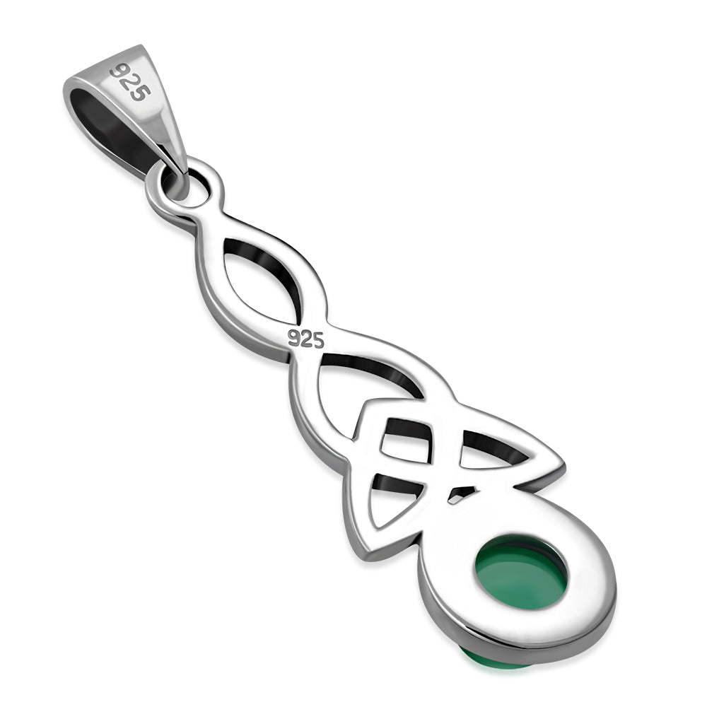 Long Green Agate Celtic Trinity Knot Silver Pendant